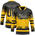 Custom Black Yellow-White Abstract Splatter Paint Hockey Lace Neck Jersey