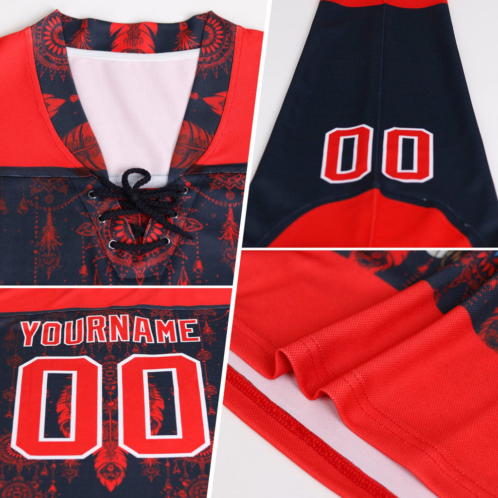 Custom White USA Flag Red-Royal Abstract Splatter Paint Hockey Lace Neck Jersey