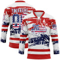 Custom White USA Flag Red-Royal Abstract Splatter Paint Hockey Lace Neck Jersey