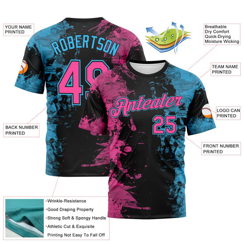 Custom Pink Black-Sky Blue Ink Splash Duotono Style Performance T-Shirt