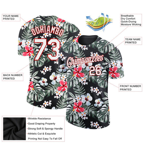 Custom Black White-Red 3D Pattern Design Tropical Hawaii Plant Performance T-Shirt
