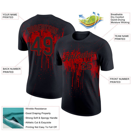 Custom Black Red 3D Pattern Design Dripping Splatter Art Performance T-Shirt