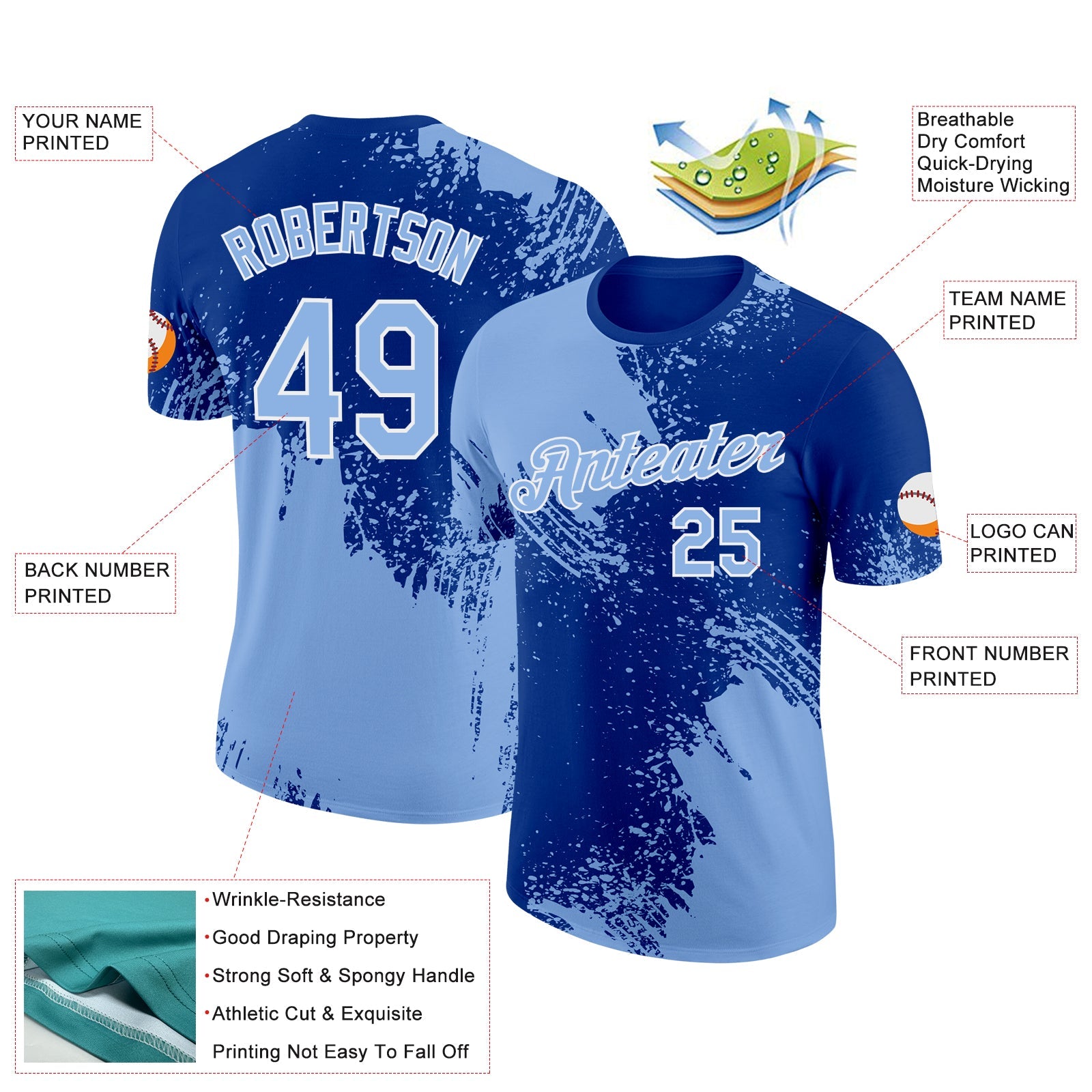 Custom Light Blue Royal-White 3D Pattern Design Abstract Brush Stroke Performance T-Shirt
