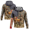 Custom Camo Black-White 3D American Flag And Deer Hunting Sports Pullover Sweatshirt Hoodie