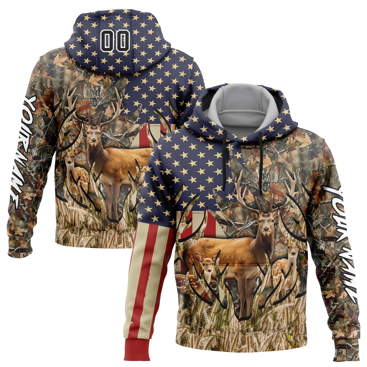 Custom Camo Black-White 3D American Flag And Deer Hunting Sports Pullover Sweatshirt Hoodie