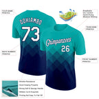 Custom Aqua White-Navy 3D Pattern Design Gradient Square Shapes Performance T-Shirt