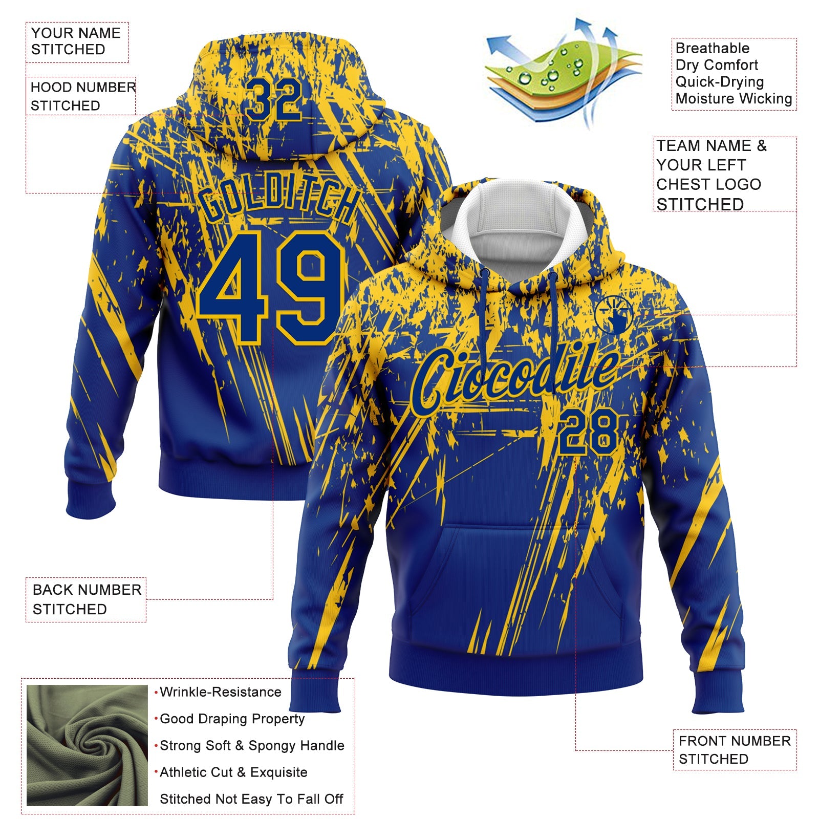 Custom Stitched Royal Yellow 3D Pattern Design Splash Grunge Art Sports Pullover Sweatshirt Hoodie