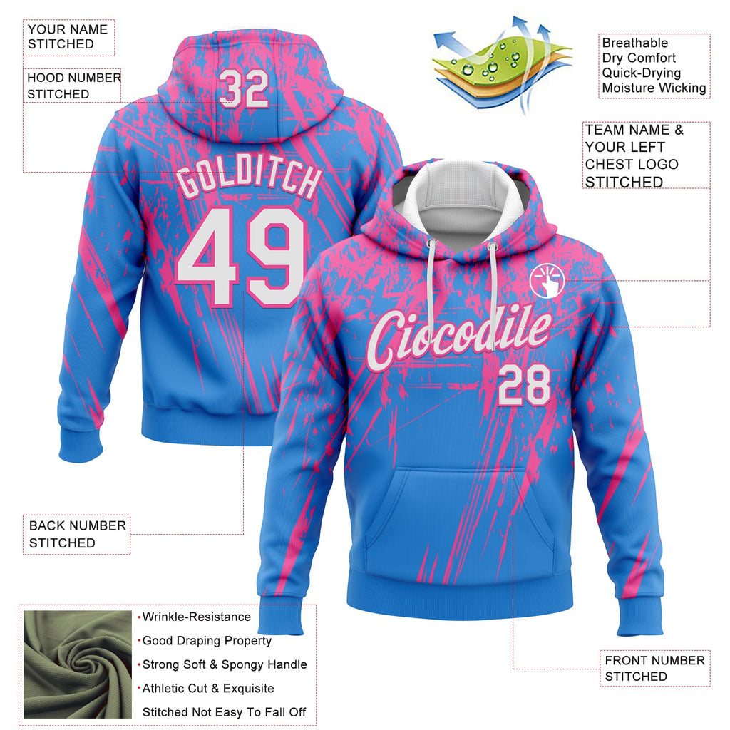 Custom Stitched Powder Blue White-Pink 3D Pattern Design Splash Grunge Art Sports Pullover Sweatshirt Hoodie