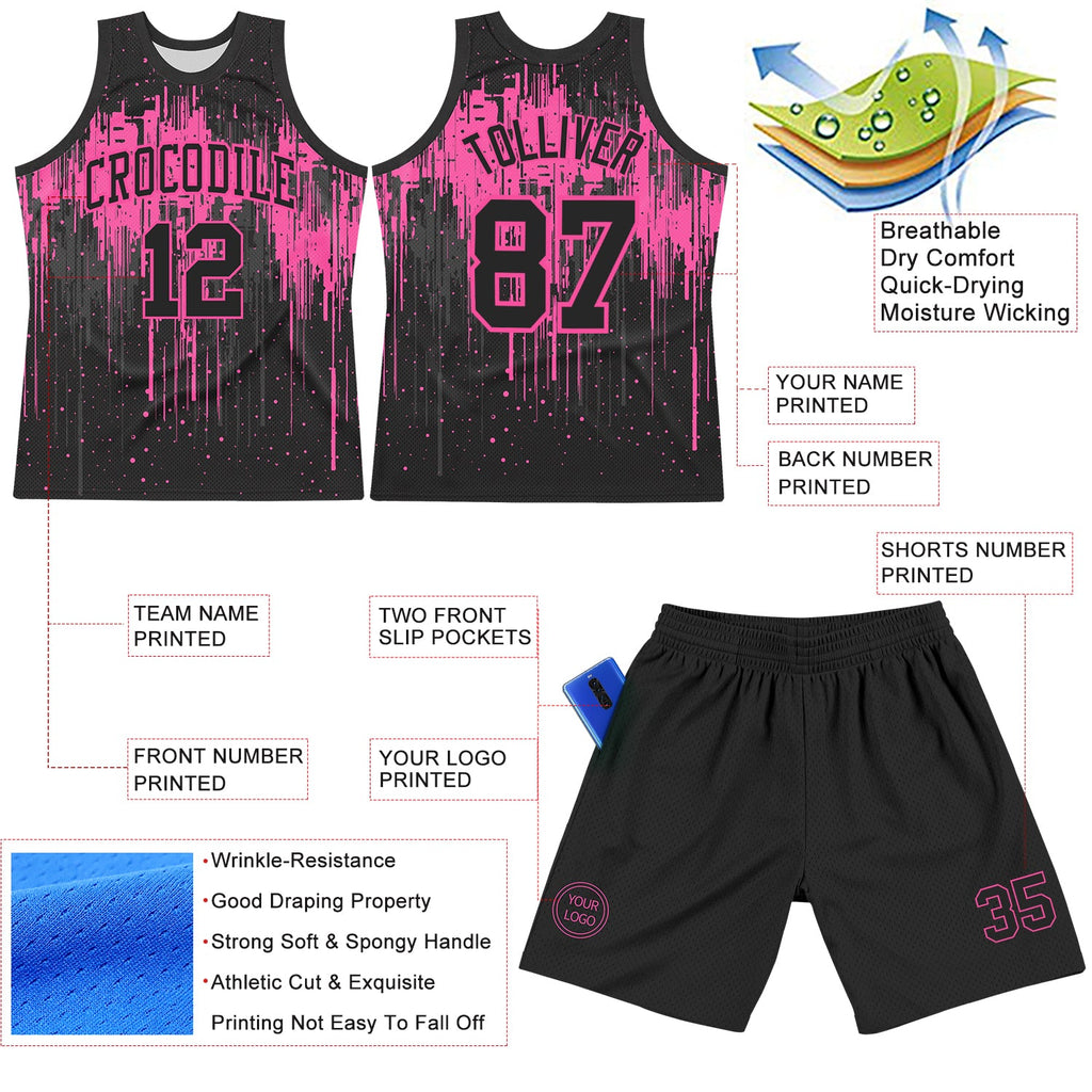 Custom Black Pink Dripping Splatter Art Round Neck Sublimation Basketball Set Jersey