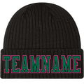 Custom Black Kelly Green-Pink Stitched Cuffed Knit Hat