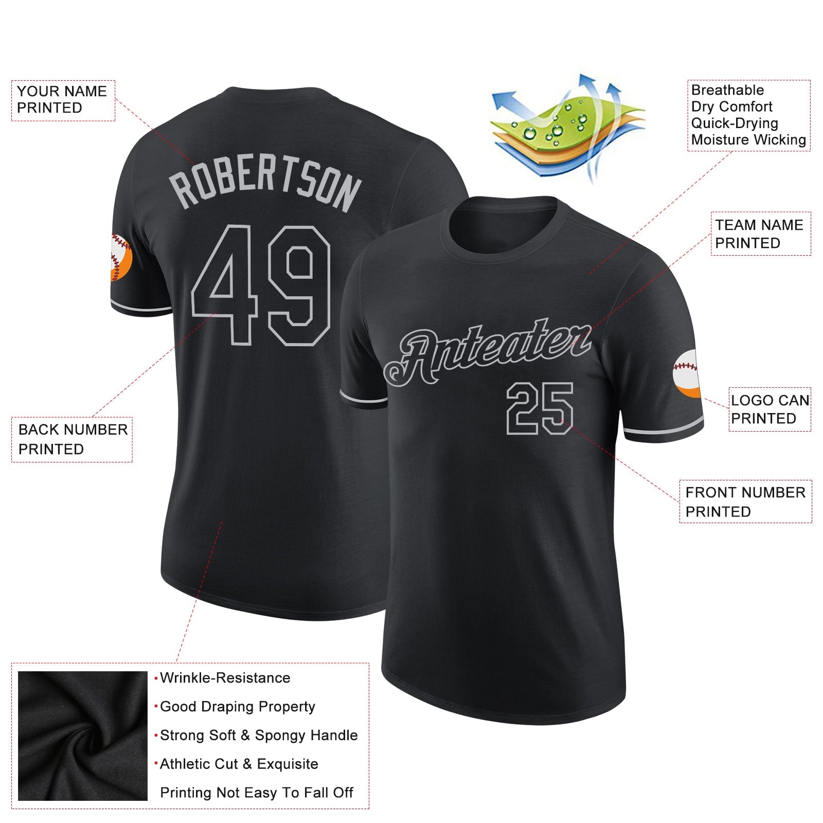 Custom Black Gray Performance T-Shirt
