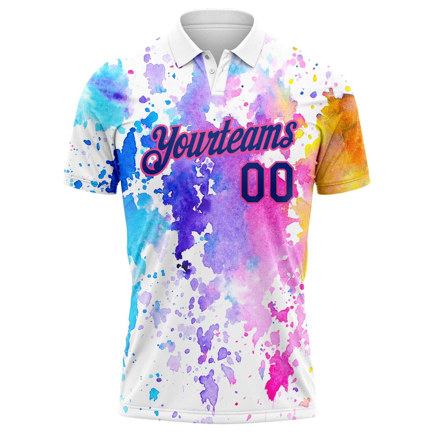 Custom White Royal-Pink 3D Pattern Design Watercolor Performance Golf Polo Shirt