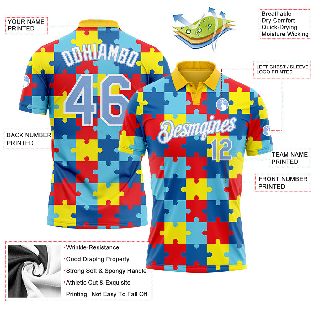 Custom Light Blue White 3D Pattern Design Autism Supporter Awareness Puzzle Pieces Performance Golf Polo Shirt