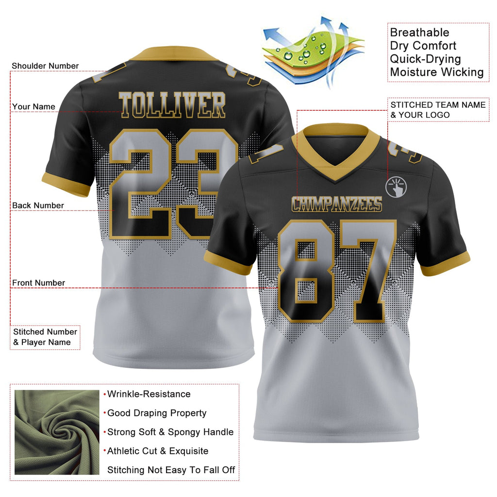 Custom Black Gray-Old Gold Authentic Gradient Square Shape 7V7 Flag Football Jersey