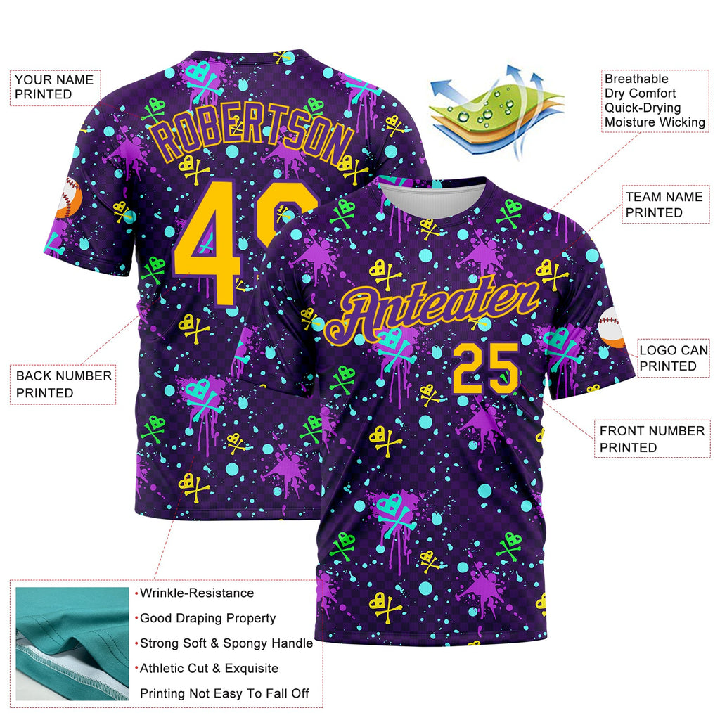 Custom Graffiti Pattern Gold-Purple 3D Clashing Colors Paint-Splatter Performance T-Shirt