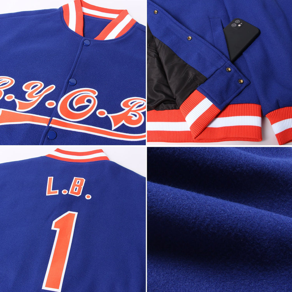 Custom Royal Orange-White Bomber Full-Snap Varsity Letterman Jacket