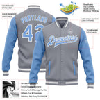 Custom Gray Light Blue-White Bomber Full-Snap Varsity Letterman Two Tone Jacket