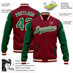 Custom Crimson Kelly Green-Cream Bomber Full-Snap Varsity Letterman Two Tone Jacket
