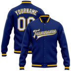 Custom Royal White Navy-Gold Bomber Full-Snap Varsity Letterman Jacket