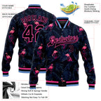 Custom Black Black Pink-Light Blue Hawaii Palm Trees And Flamingo 3D Bomber Full-Snap Varsity Letterman Jacket