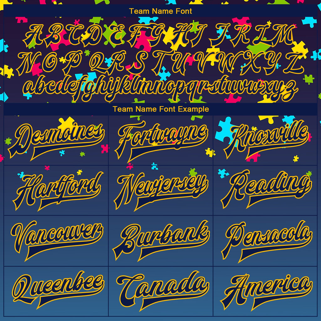 Custom Autism Supporter Awareness Puzzle Pieces Navy-Gold 3D Bomber Full-Snap Varsity Letterman Jacket