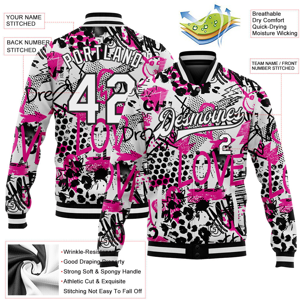 Custom Graffiti Pattern White-Black Scratch 3D Bomber Full-Snap Varsity Letterman Jacket