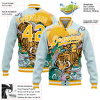 Custom Lakes Blue Gold-White Tiger 3D Pattern Design Bomber Full-Snap Varsity Letterman Jacket
