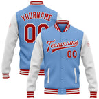 Custom Light Blue Red-White Bomber Full-Snap Varsity Letterman Two Tone Jacket