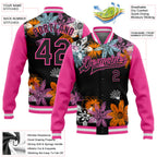 Custom Black Pink Flowers 3D Pattern Design Bomber Full-Snap Varsity Letterman Jacket