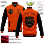 Custom Orange Black 3D Pattern Design Bomber Full-Snap Varsity Letterman Jacket