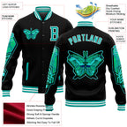 Custom Black Aqua-White Butterfly 3D Pattern Design Bomber Full-Snap Varsity Letterman Jacket