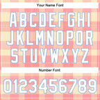 Custom Medium Pink White-Light Blue Classic Western Plaid 3D Pattern Design Bomber Full-Snap Varsity Letterman Jacket