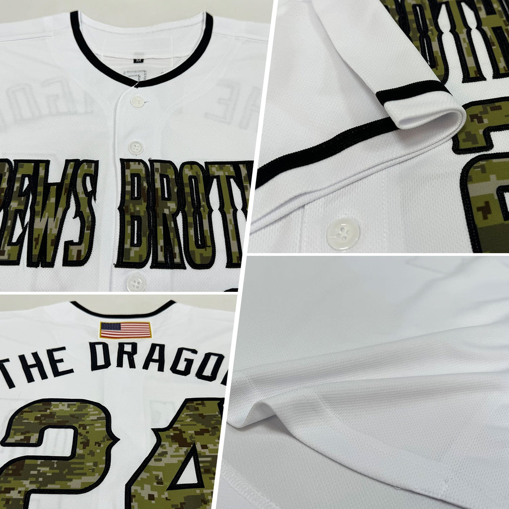Custom White Camo-Black Authentic American Flag Fashion Baseball Jersey