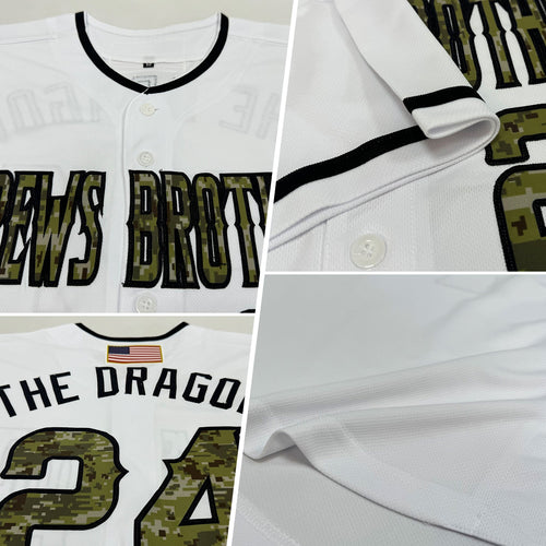 Custom White Camo-Black Authentic American Flag Fashion Baseball Jersey