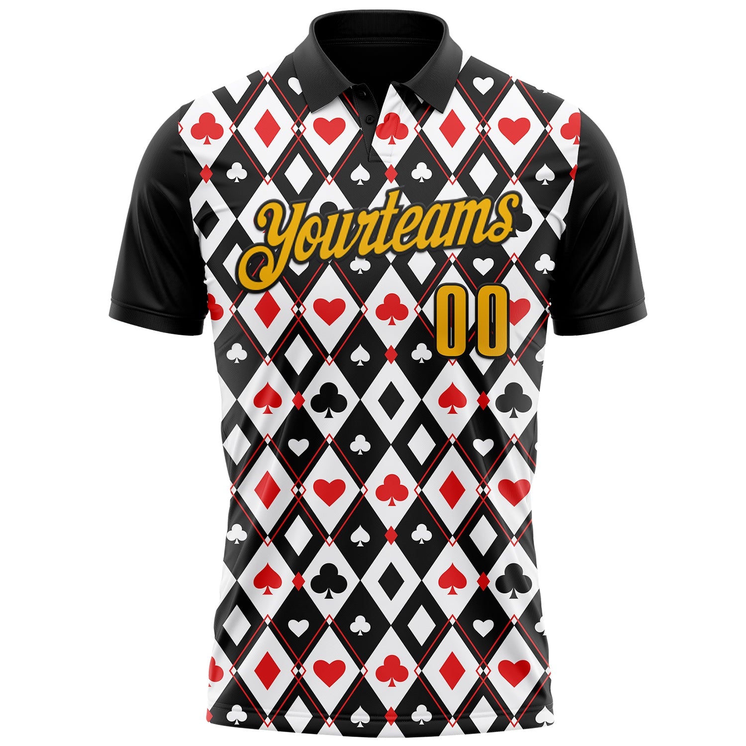 Custom Black Gold-White 3D Poker Performance Polo Shirt
