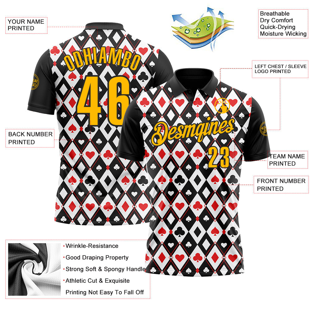 Custom Black Gold-White 3D Poker Performance Polo Shirt