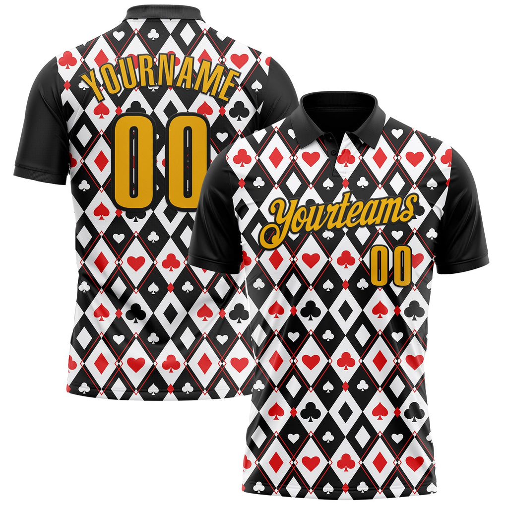 Custom Black Gold-White 3D Poker Performance Polo Shirt