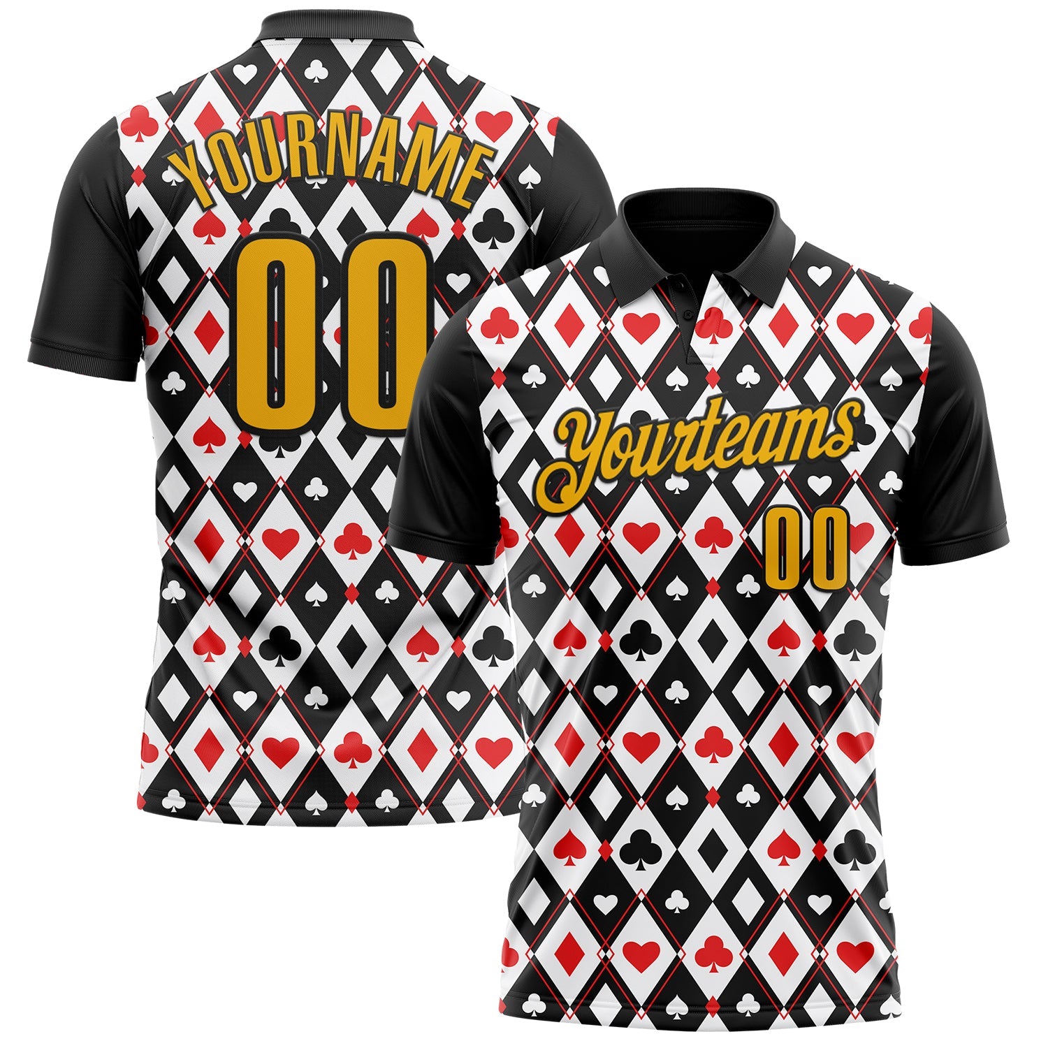 Custom Black Gold-White 3D Poker Performance Polo Shirt