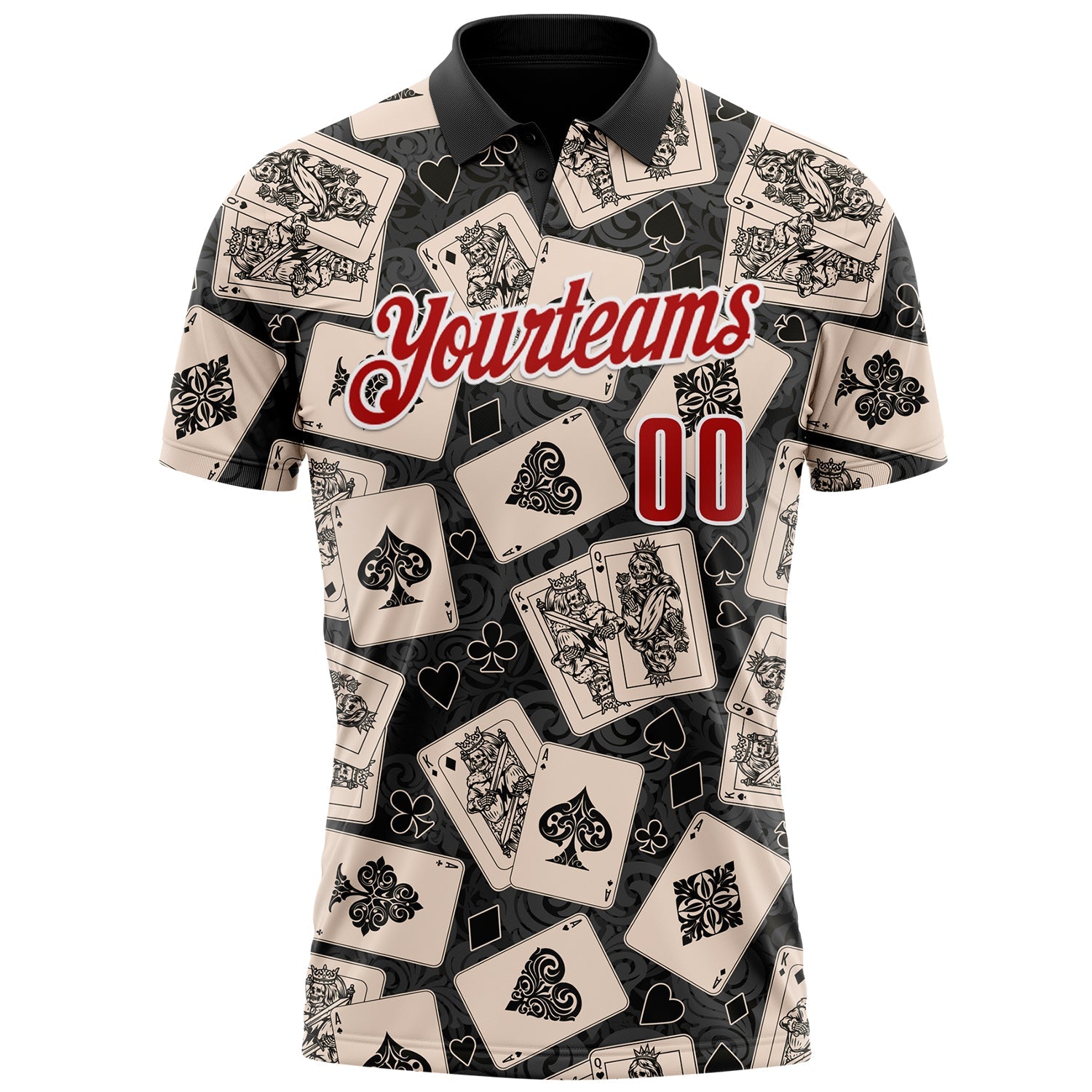 Custom Black Red-White 3D Poker Performance Polo Shirt