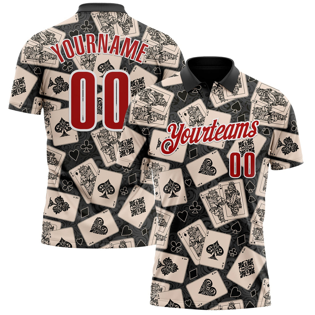 Custom Black Red-White 3D Poker Performance Polo Shirt