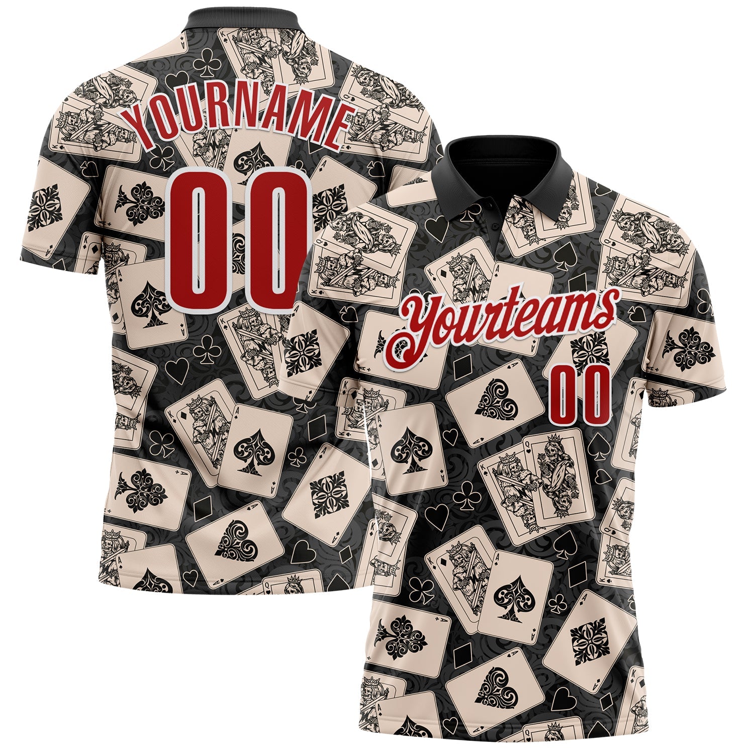 Custom Black Red-White 3D Poker Performance Polo Shirt