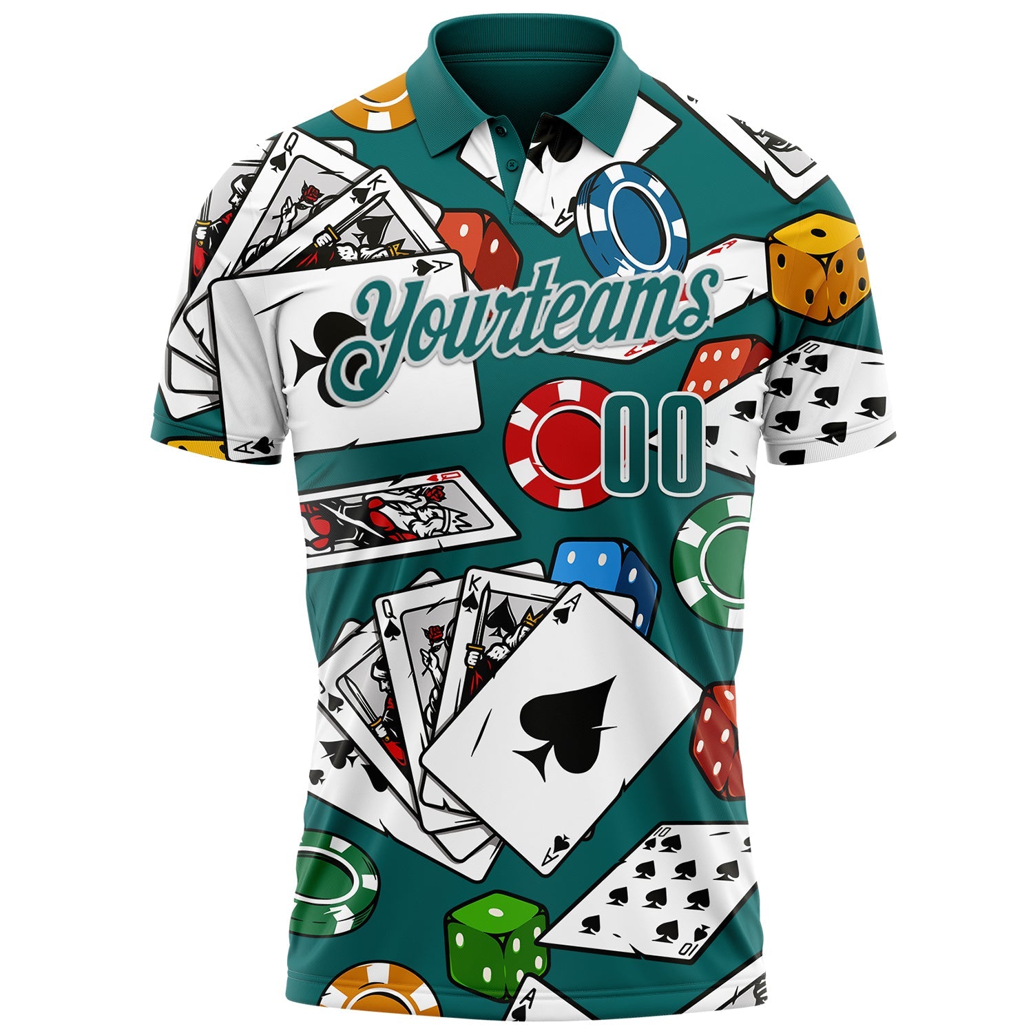 Custom Teal White 3D Poker Performance Polo Shirt