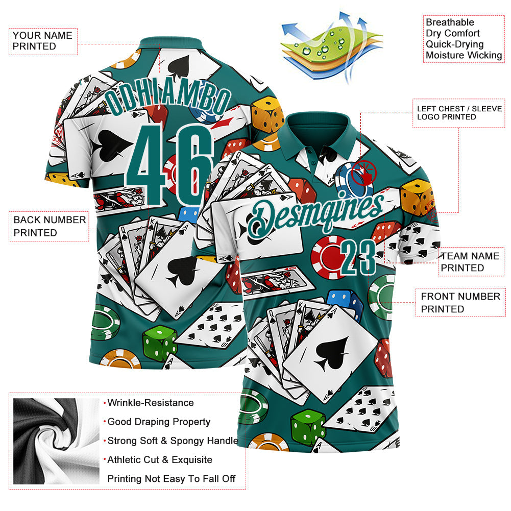Custom Teal White 3D Poker Performance Polo Shirt