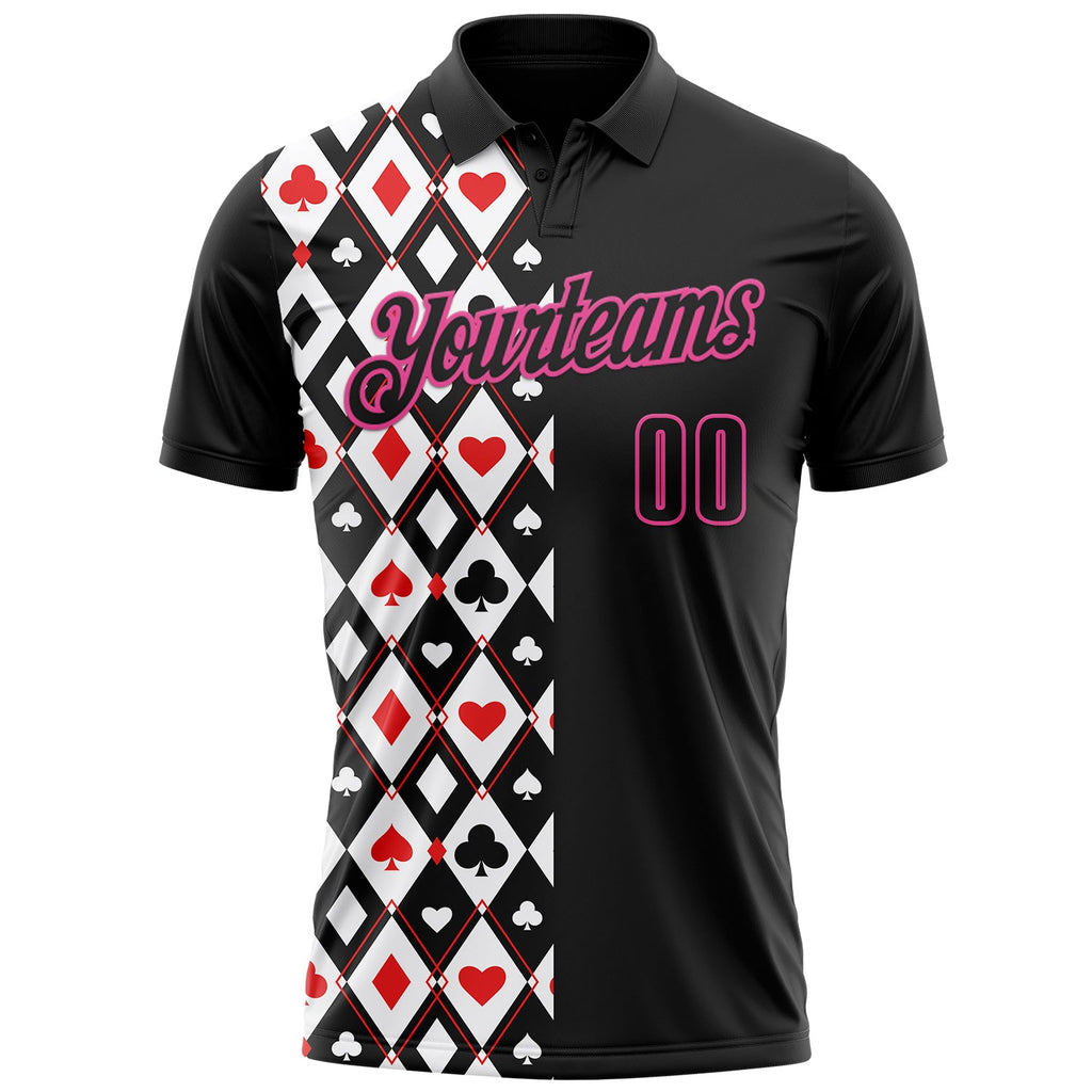 Custom Black Pink 3D Poker Performance Polo Shirt