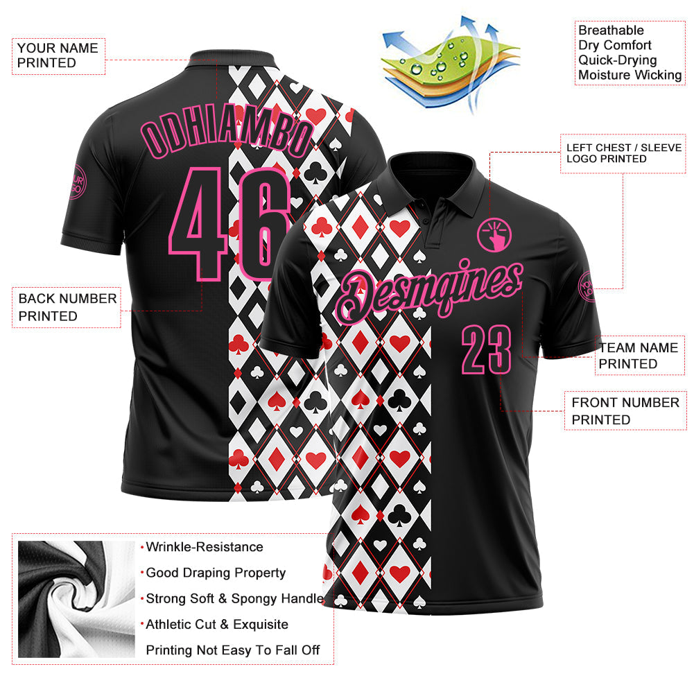 Custom Black Pink 3D Poker Performance Polo Shirt