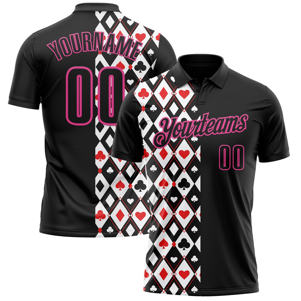 Custom Black Pink 3D Poker Performance Polo Shirt