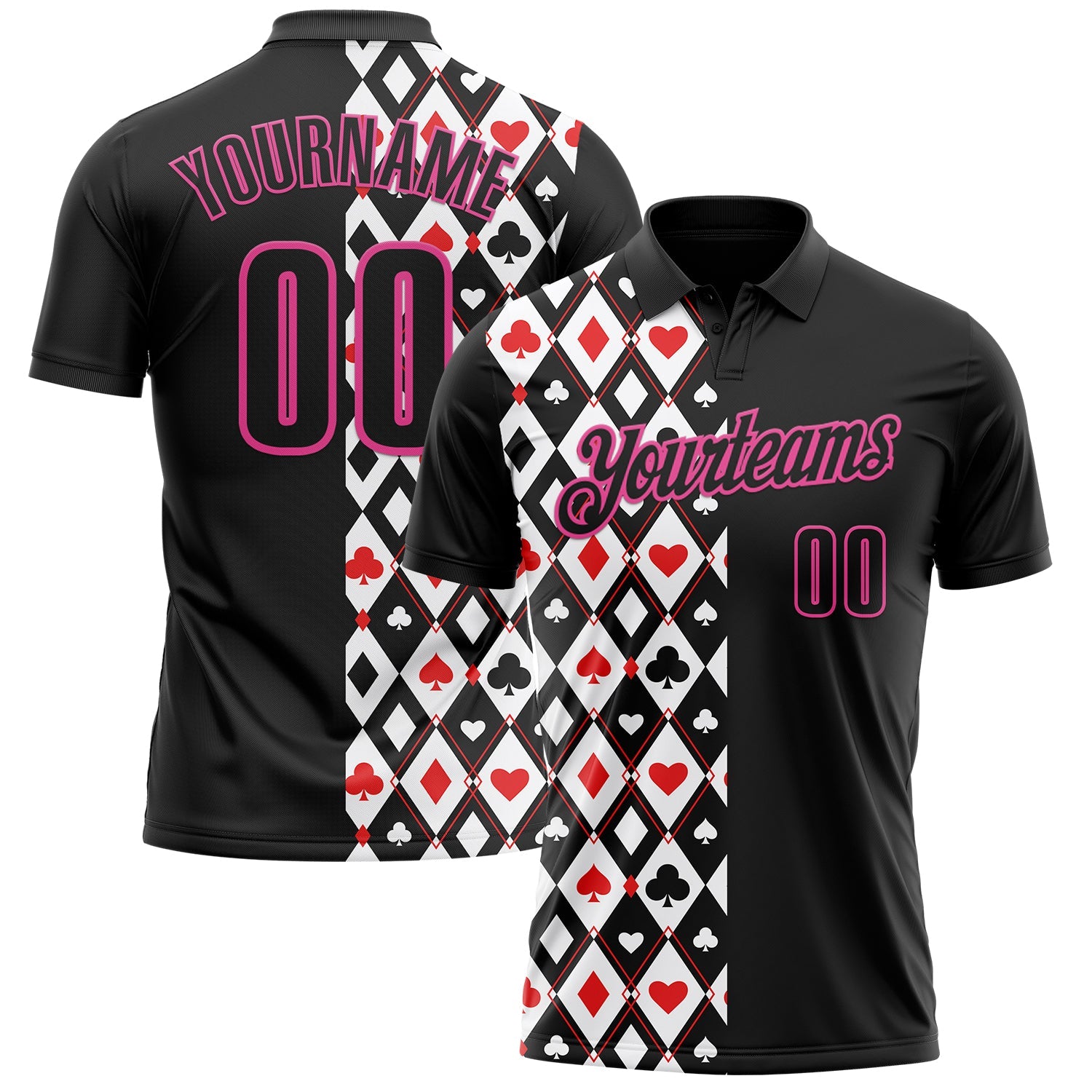 Custom Black Pink 3D Poker Performance Polo Shirt