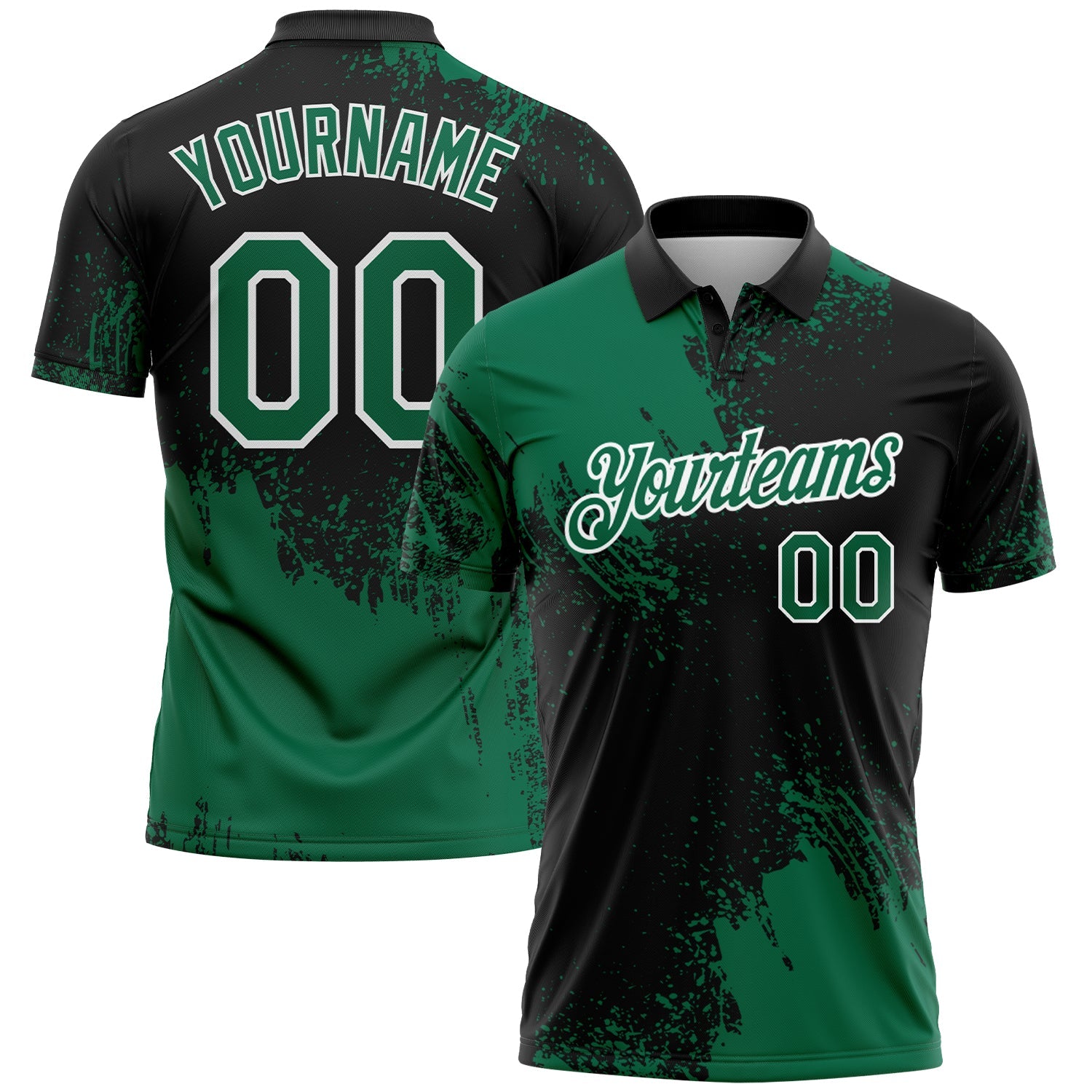 Custom Kelly Green Black-White 3D Pattern Design Abstract Brush Stroke Performance Polo Shirt
