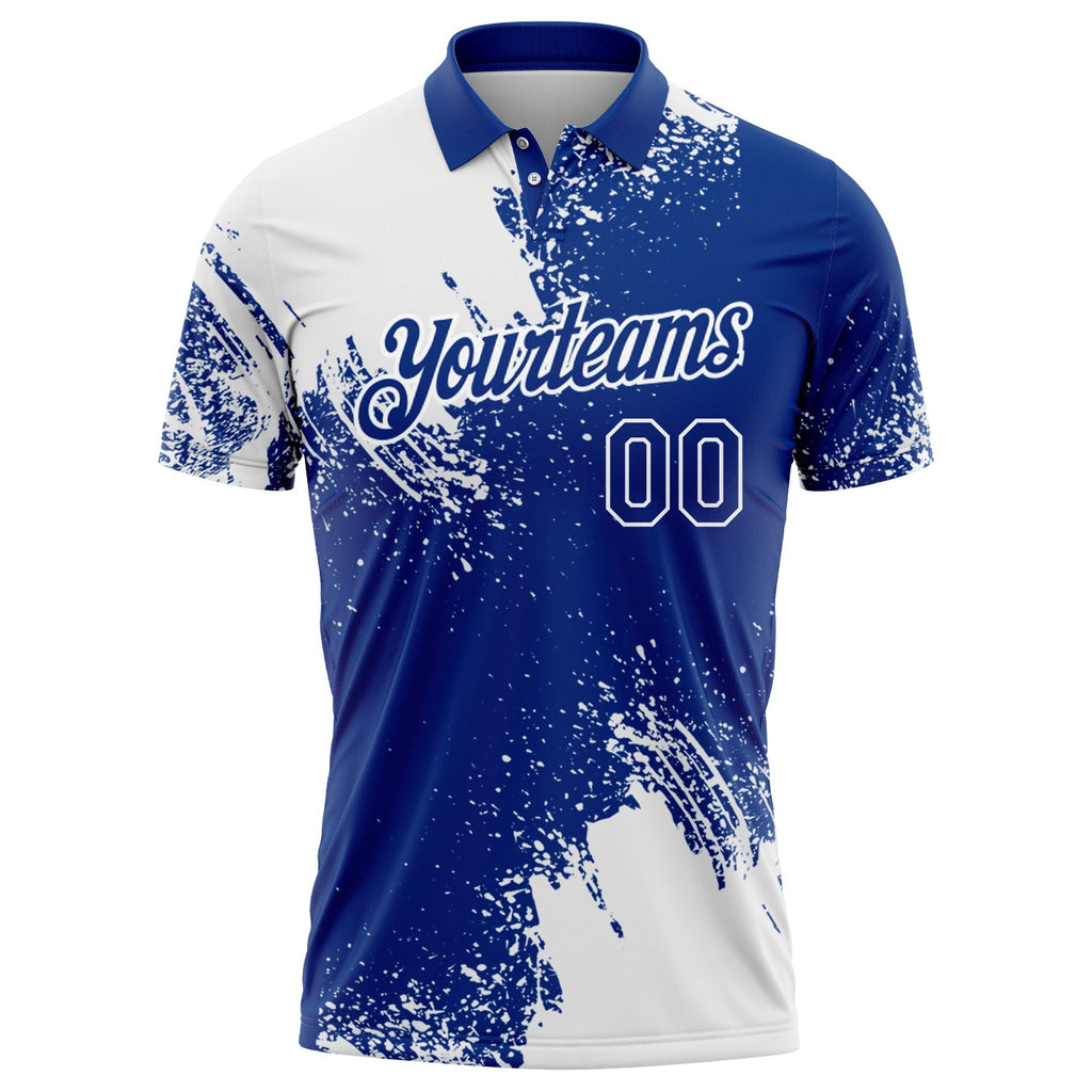 Custom White Royal 3D Pattern Design Abstract Brush Stroke Performance Polo Shirt