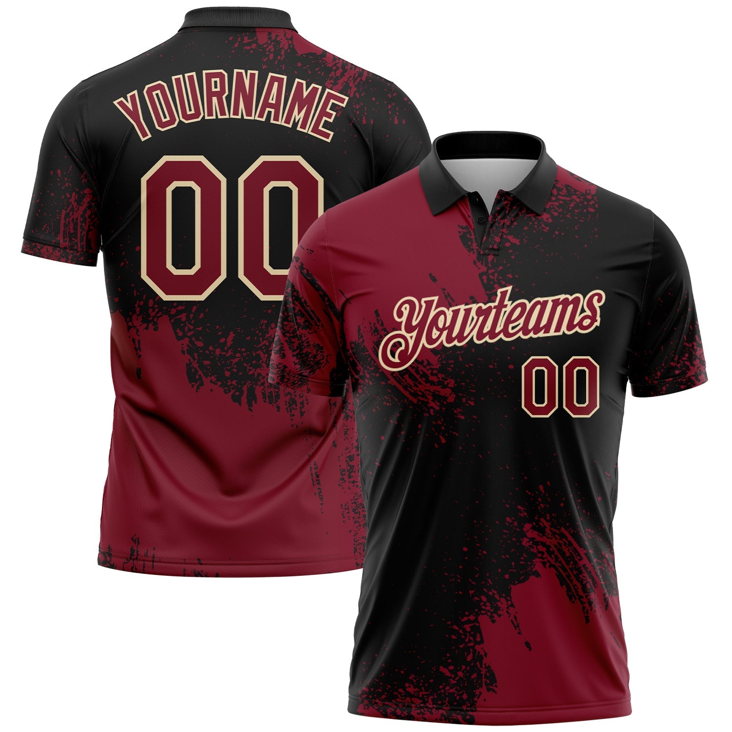 Custom Crimson Black-Cream 3D Pattern Design Abstract Brush Stroke Performance Polo Shirt
